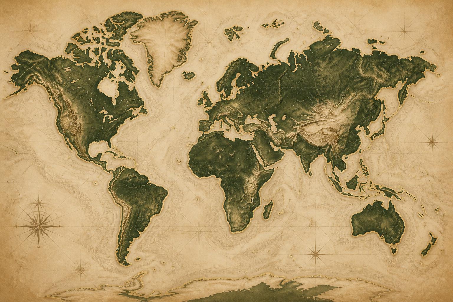 A vintage atlas-style world map showing vetted Yaqina projects across every inhabited continent.