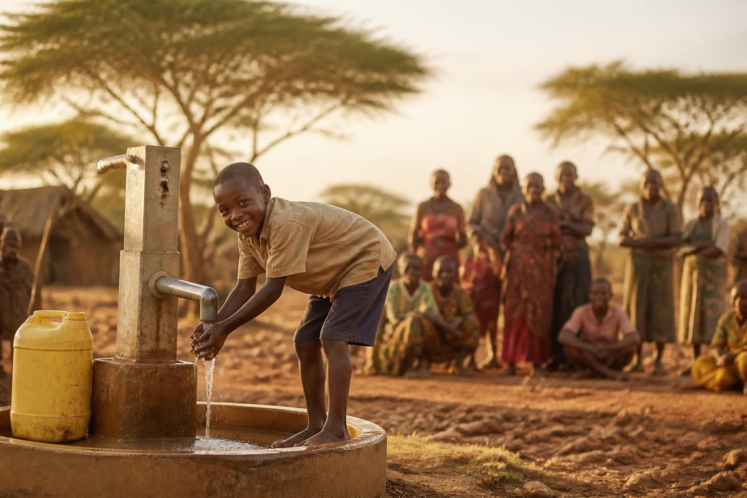 A child drinks from a newly completed water well as community members watch in the warm light of dusk.
