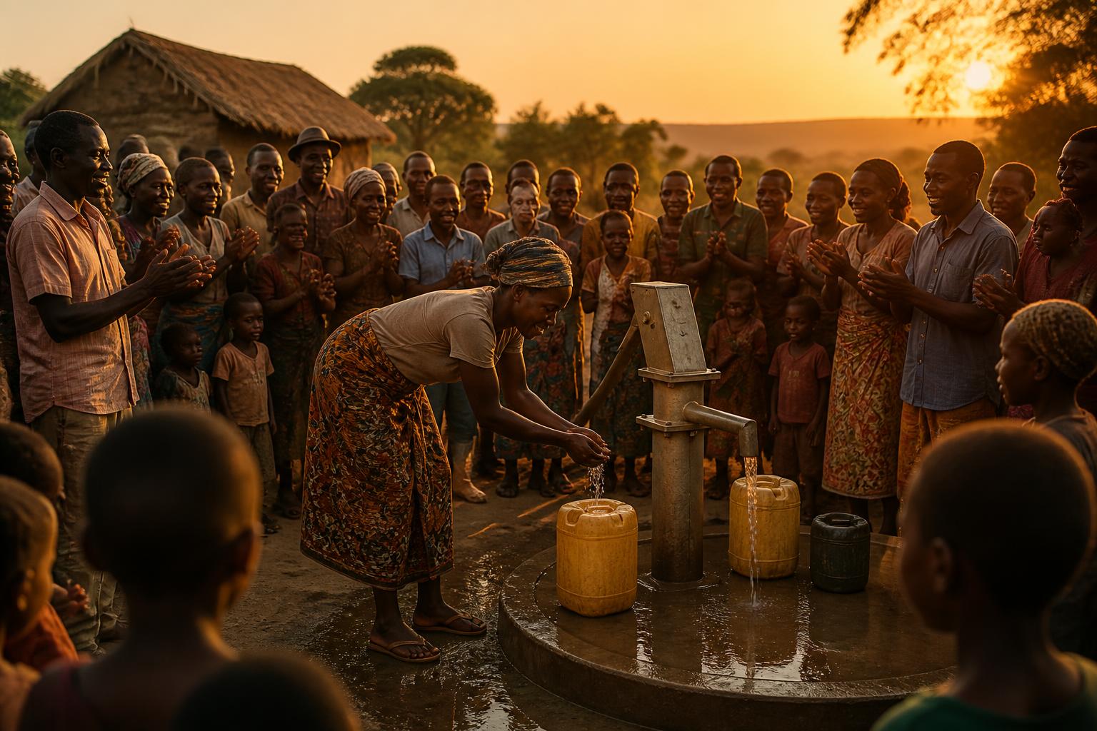 Community gathered at sunset celebrating the opening of a completed water well.