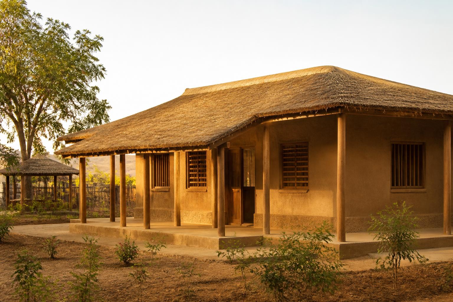 A completed earthen community structure at golden hour in rural East Africa.
